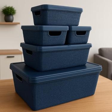 Imagem de Caixa Organizadora com Tampa Kit 5 Peças Cestos Plásticos 1,8 L, 5 L, 15 L Resistente Multiuso (Azul Marinho)