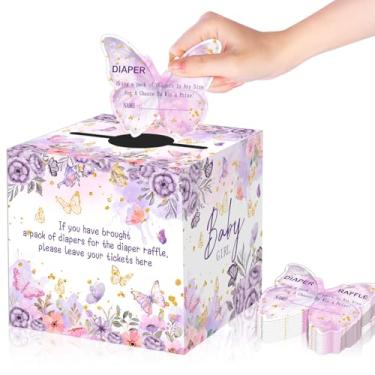 Imagem de 50 peças de jogos de chá de bebê de borboleta, bilhetes de sorteio de fraldas de borboleta com caixa de cartão sorteio de fraldas, jogo de cartas de inserção de convite de festa revelação de gênero
