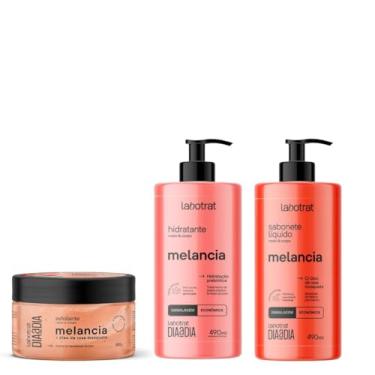Imagem de Kit Labotrat Melancia Dia a Dia – Esfoliante 300g, Hidratante 490ml e Sabonete Líquido 490ml – Rosto e Corpo – Com Rosa Mosqueta, Prebióticos, Colágeno e Melancia – Hidratação, Clareamento e Limpeza Profunda – Vegano e Cruelty Free