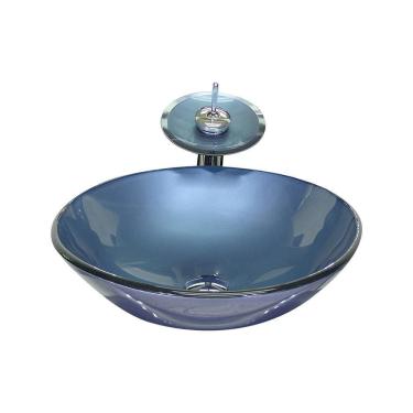 Imagem de Cuba De Vidro Redonda 31Cm Azul + Valvula + Torneira Cascata