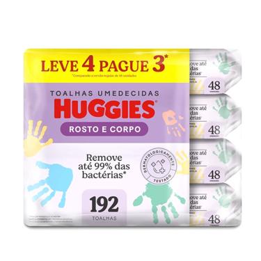 Imagem de Lenço Umedecido Huggies Rosto e Corpo Limpeza 4 Pacotes com 48 Unidades Cada