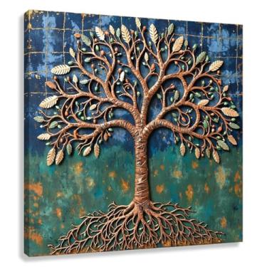 Imagem de Árvore da Vida Arte de parede em tela impressa com folhas verdes galhos marrons para decoração de sala de estar 30x30cmx1