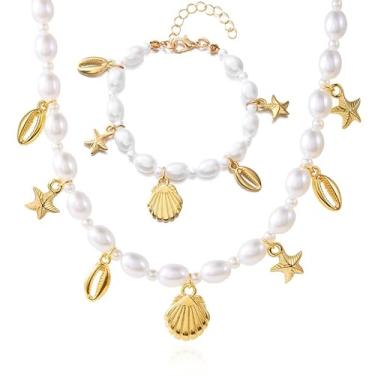 Imagem de coadipress Conjunto de 2 pares de brincos de estrela do mar para mulheres, conchas, estrela-do-mar, colar de pérolas falsas, babador, colar grosso, pulseira de concha de pêra, moda, verão, praia
