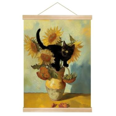 Imagem de You found a duck Impressão em tela de gato preto com girassóis, 35,5 x 45,7 cm, cabide magnético de madeira, arte de parede moderna (HY01)