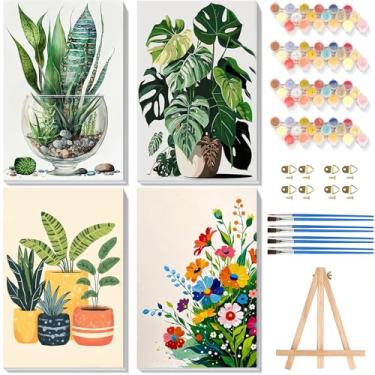 Imagem de Pacote com 4 tintas por números para adultos com tela emoldurada - com cavalete de madeira, pintura de plantas por número para iniciantes, pintura a óleo acrílica Easy Flowers em tela com pincéis para