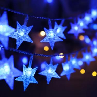 Imagem de CESOF Luzes de corda de estrela de Natal azul, 6 m, 40 LED, luzes cintilantes operadas por pilha, linda estrela pendurada, luz de fada para quarto, carro, festa, casa, interior, exterior, decoração de