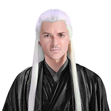 Imagem de Peruca masculina de sacerdote Wudang, acessório de fantasia chinesa antiga, acessório de Halloween, cabelo longo branco liso (branco) adulto