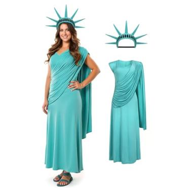 Imagem de JEGERMIG Fantasia de Deusa Grega Estátua da Liberdade, vestido longo branco, roupa de cosplay de Halloween, Azul, M