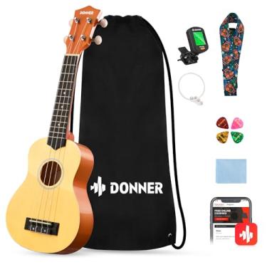Imagem de Donner Ukulele Soprano para iniciantes 53 cm Ukelele Starter Kit com lições online grátis bolsa alça sintonizador palhetas pano Ukalalee Yukalalee (Natural)