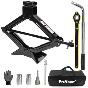 Imagem de FITHOIST Macaco Tesoura Para Carro De 2,5 Toneladas/5512 Libras, Kit Emergência Troca Pneus Com Adaptador Furadeira, Chave Roda, Macaco, Catraca, Medidor Pressão Pne
