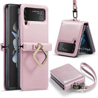 Imagem de Capa de telefone para Samsung Galaxy Z Flip 6 5 4 5G Flip6 Flip5 Capa protetora de couro com anel e alça, rosa, para Galaxy Z Flip 5