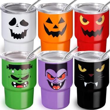 Imagem de Pacote com 6 copos de dose de 85 g de Halloween mini copos com canudo e tampa, abóbora, fantasma, vampiro, diabo, lembrancinhas de festa de Halloween, copos assustadores, copos de aço inoxidável
