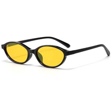 Imagem de Breaksun Óculos de sol ovais retrô para mulheres, moderno, oval, estreito, olho de gato, óculos escuros anos 90, vintage, Preto/Amarelo, MM