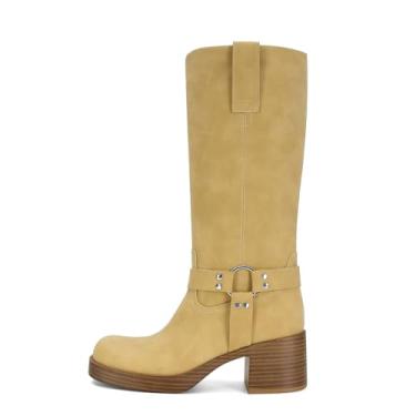 Imagem de XBKXMK Botas femininas de cano médio, salto grosso, bico redondo, motociclista, sem cadarço, botas de panturrilha larga com tachas, Amarelo, 36