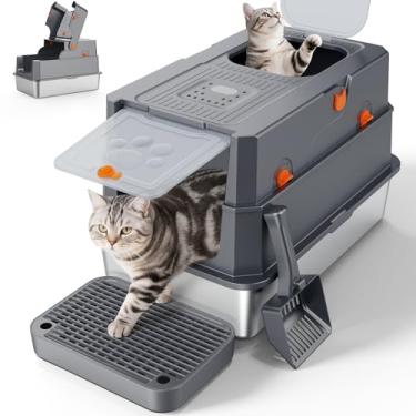 Imagem de FURTIME Caixa de areia de aço inoxidável com tampa, caixa de areia extra grande fechada para gatos grandes, caixa de metal para gatos com invólucro e colher de lado alto, entrada frontal e superior