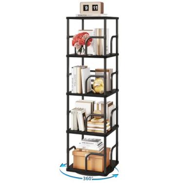 Imagem de IBUYEK Estante giratória quadrada de 5 camadas, torre giratória, estante alta de giro vertical de 360°, organizador de armazenamento de canto giratório para quarto, sala de estar, preto, UTBC004B
