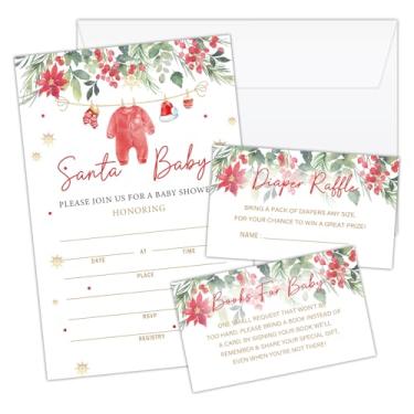 Imagem de Conjunto de 25 cartões de convites de chá de bebê de Natal de Papai Noel com envelopes, ingressos de sorteio de fraldas, convites em branco de Natal inverno para decoração de festa de aniversário de
