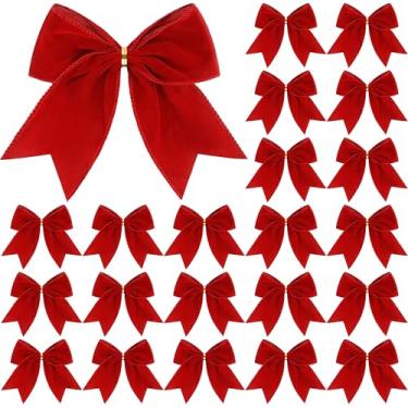 Imagem de 24 peças de laços de veludo de Natal - laço de enfeite de veludo com moldura de arame - laços de fita com fio para decoração de árvore de guirlanda de Natal, artesanato DIY, decorações de férias