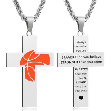 Imagem de Colar masculino com cruz de basquete, versículo bíblico, pingente de presente para aniversário, Natal, batismo, religioso, acessórios de basquete, presentes, Small, Aço inoxidável, Sem Pedra Preciosa