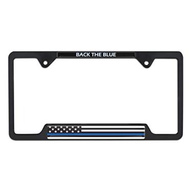 Imagem de Elektroplate Police Back The Blue Flag Suporte de etiqueta de quadro de placa de licença de canto aberto preto todo em metal para carros/SUVs/caminhões acessório automotivo à prova de intempéries