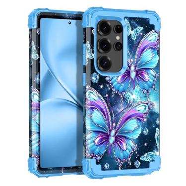 Imagem de LONTECT Capa para Galaxy S24 Ultra, que brilha no escuro, três camadas, resistente, à prova de choque, policarbonato rígido + capa protetora robusta de silicone macio para mulheres e meninas, azul