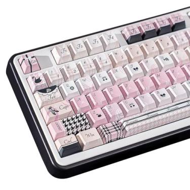 Imagem de COOMICKEY Dye Sub PBT Conjunto de teclas 130 teclas, perfil cereja bonito teclas personalizadas 60 65 75 100 por cento para 61/64/68/84/87/100/104/108 teclado mecânico para jogos, rosa e preto