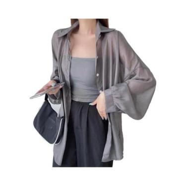 Imagem de Camisa Feminina de Chiffon Manga Comprida - Branca, Transparente e Sol