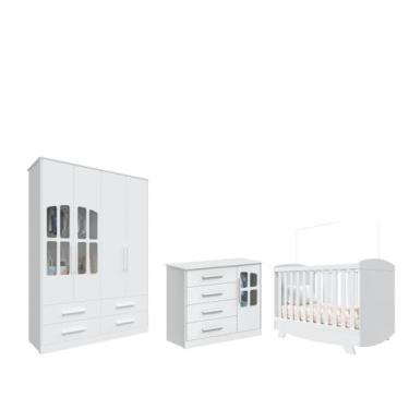 Imagem de Quarto Completo Bebe Moveis Peroba Charlo Elo Cris 3x1 MDF, Branco