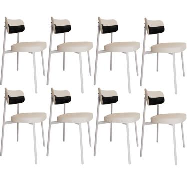 Imagem de Kit 08 Cadeiras Estofada Para Sala de Jantar Astrid Branco C01 Linho Palha Courino Preto - Lyam Decor