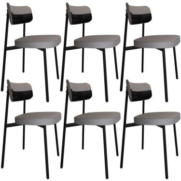 Imagem de Kit 06 Cadeiras Estofada Para Sala de Jantar Astrid Preto C01 Linho Cinza Courino Preto - Lyam Decor