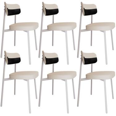 Imagem de Kit 06 Cadeiras Estofada Para Sala de Jantar Astrid Branco C01 Linho Palha Courino Preto - Lyam Decor