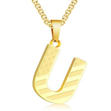 Imagem de Zocomi Colar com pingente de inicial da bandeira americana para homens e meninos, corrente de aço inoxidável 316L A-Z caixa de letras 50 + 5 cm joias presentes, Aço inoxidável, Sem Pedra Preciosa