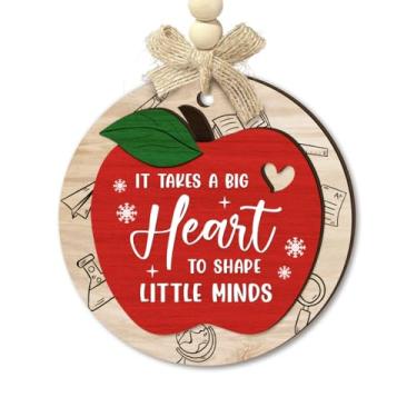 Imagem de CHOANG Enfeite de Natal de agradecimento do professor - It Takes a Big Heart to Shape Little Minds, em forma de maçã, ornamentos de madeira de 2 camadas - Presente significativo para professores para