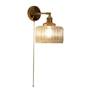 Imagem de Arandela industrial, luminária de parede de latão com cúpula de vidro verde, luminária de parede com braço oscilante ajustável com corrente de puxar para quarto, sala de estar (transparente)