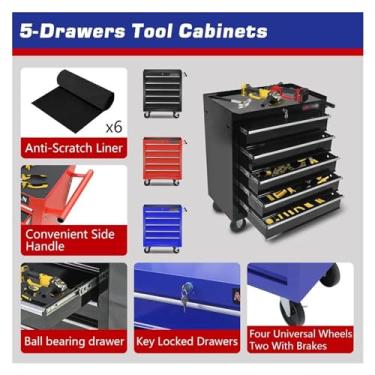 Imagem de Caixa de Ferramentas Armários de ferramentas com 5 gavetas sobre rodas, baú de ferramentas de rolamento com gavetas, caixa de ferramentas com sistema de travamento com chave, oficina Caixa de Ferramen