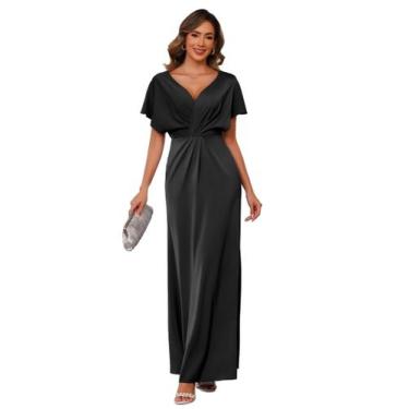 Imagem de Vestido SEIM com decote em V, cetim, mãe da noiva, preto, US14