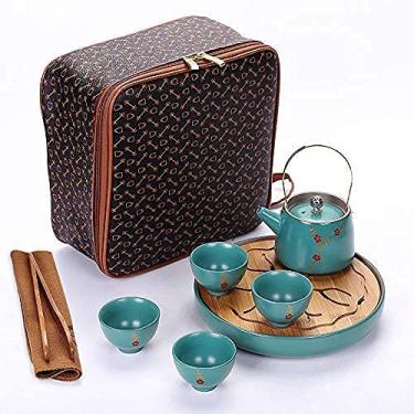 Imagem de Conjunto de chá de chaleira de cerâmica um conjunto de chá de quatro xícaras de viagem Ding Kiln conjunto de chá de cerâmica conveniente esmalte fosco bandeja de chá 200 ml seis conjuntos (Ee)