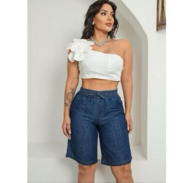 Imagem de Bermuda jeans feminina com elástico 100% algodão c/bolsos tecido leve 