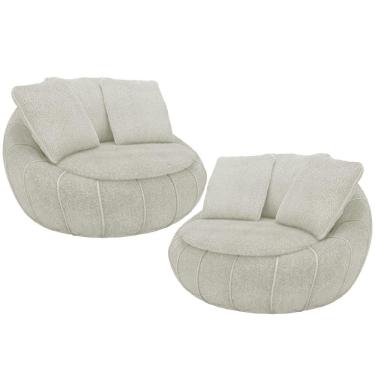 Imagem de Kit 02 Poltronas Para Sala De Estar Decorativa Giratória Kira M03 Bouclê Bege Claro - Lyam Decor