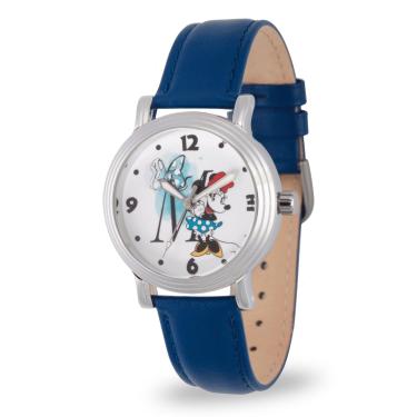 Imagem de Disney Relógio feminino Minnie Mouse analógico de quartzo com pulseira de couro sintético, azul, 22 (modelo: WDS000255)