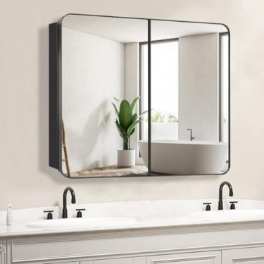 Imagem de HESONTH Armário de remédios com espelho design moderno armário de armazenamento de banheiro de fazenda para banheiro, cozinha, lavanderia (66 x 76, preto)