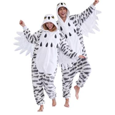 Imagem de LZBXBXDA Macacão unissex adulto coruja da neve pijama peça única animal fantasia de Natal roupa de dormir para mulheres e homens, Novo macacão de coruja da neve, M