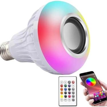 Imagem de Lâmpada Musical De Led RGB Colorida Bluetooth Caixa De Som Bivolt Com Bocal E-27 Para Quartos Salas Escritório E Festas + Controle Remoto Premium