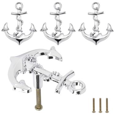 Imagem de Brosay Puxadores de gaveta de âncora de armário de cozinha puxadores de gaveta costeira temáticos de praia náutica para móveis guarda-roupa armário decorativo alças de furo único 4 peças (prata)