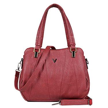 Imagem de Bigfanshu Bolsas femininas retrô de couro com três camadas de bolso, bolsa carteiro, bolsa de ombro luxuosa, bolsa casual moderna, Vermelho, 29cm 14cm 23cm