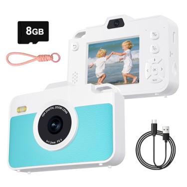 Imagem de Câmera digital para crianças, câmeras digitais de 48 MP 1080p com lente dupla, câmera pequena compacta com zoom de 16X para meninas e meninos, cartão TF de 8 GB, azul