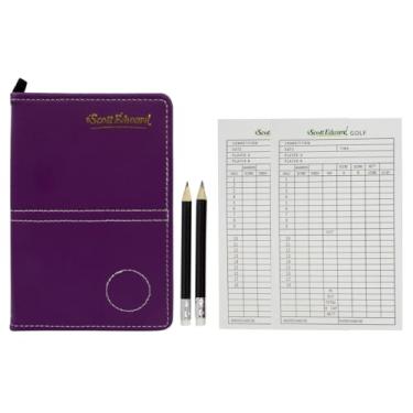Imagem de Scott Edward Suporte para cartão de pontuação de golfe de couro com estatística e rastreamento de pontuação à prova d'água macio grosso suporte de cartão de árbitro (Roxo)
