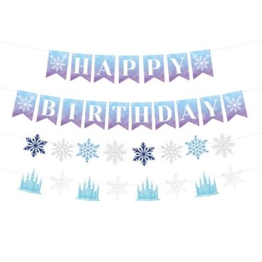 Imagem de Floco Neve Happy Birthday Banner Conjunto, Decorações Aniversário Inverno Pré-Enfiadas Guirlanda Floco de Neve Brilhante Castelo Decoração para Meninas Princesa Mundo Gelado Natal Tema Festa