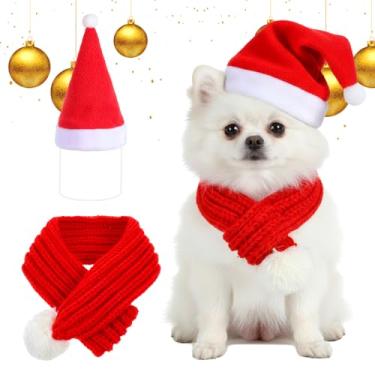 Imagem de Conjunto de chapéu e cachecol de Papai Noel, tamanho M, cachecol ajustável de malha vermelha com bola pompom branca, aquecedor de pescoço de inverno para cães, roupa de Natal para cães