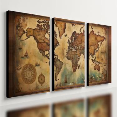 Imagem de Kit 3 Quadro Decorativo Mapa Mundi Antigo Mundo Globo Brasil